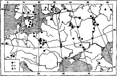 Рис. 51. Географическое распространение видов группы F. pressilabris
 1 — F. pressilabris; 2 — F. foreli; 3 — F. tamarae